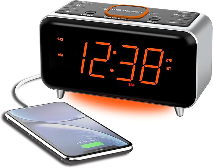 Emerson CKS1521 SmartSet Bluetooth Dual Alarm Clock Radio with 1.4” Orange LED Display, USB Charger, FM Radio, AUX Input, Auto-Dimmer, and Orange Accent Light