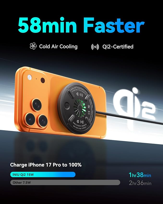 INIU Magnetic Wireless Charger Qi2 15W Fast Charging Pad Travel Charger | MagSafe-Compatible with LED Light Cooling Fan Smart Protection for iPhone 17-12 Series AirPods 4-2(20W Adapter Included)