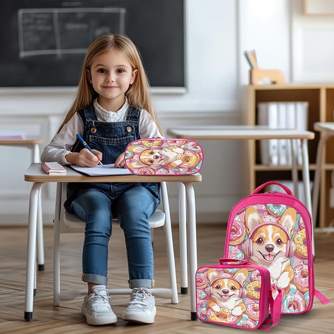 Corgi Donuts Backpack Set 3 Piece School Bags and Lunch Box with Pencil Case Pink Cartoon Dog Donut Animal Bookbag Set for Toddler Kids Girls Boys Teens Kindergarten Elementary Middle
