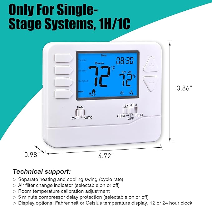 Suuwer 5-1-1 Day Programmable Thermostats for Home 1 Heat/ 1 Cool Conventional Single-Stage Systems