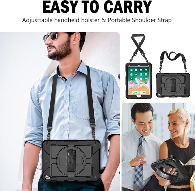 BMOUO Case for iPad 6th/5th Generation Case (9.7 inch 2018/2017) 360°Rotating Stand Hand/Shoulder Strap Shockproof iPad 9.7” Case for iPad Air 2 Black