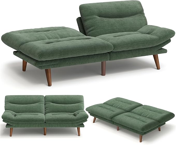 AMADA 66"Convertible Futon Sofa Bed, Corduroy Folding Futon Set with Adjustable Backrest &Armrests, Recliner Lounge for Living Room, Apartment or Office, Solid Wood Frame, Loveseat Sofa -Forest Green