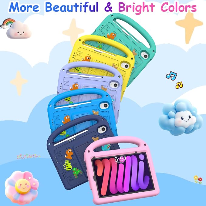 Kids Case for iPad mini 7(A17 Pro) 2024/iPad Mini 6 2021 8.3 Inch with Built-in Pencil Holder/Anti-Slip Handle/Foldable Stand Shockproof Protective iPad mini 7th/6th Generation Case 8.3 Inch
