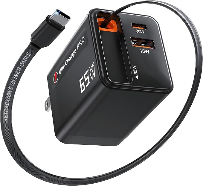 Ulti Charge Pro 65W USB C Charger with 25 Inch Retractable USB C Cable | Dual C/A Ports Foldable Plug Travel Adapter for iPhone Galaxy Pixel iPad Laptop Retractable USBC Phone Charger Fast