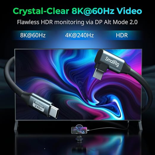 SMALLRIG USB4 40Gbps USB-C Cable 240W PD 3.1 Fast Charging 8K@60Hz Video 100cm/39.4in Straight to Angled Connectors with Cable Tie for MacBook Pro for iPad Pro for iPhone 17/16/15 Series - 5732
