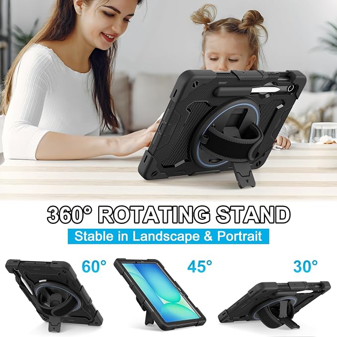 Galaxy Tab S10 Lite/S10 FE/S9 FE 5G/S9 Case 10.9/11 inch | with Screen Protector 360° Rotating Kickstand Hand/Shoulder Strap Heavy Duty Shockproof Cover S Pen Holder Kids Friendly