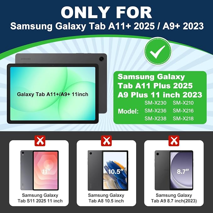 Case for Samsung Galaxy Tab A11 Plus 2025 / A9 Plus 2023 11 Inch Tablet CaseGalaxy Tab A11+/A9+ Case with Screen Protector360°Rotating Stand &amp Shoulder Strap Pencil Holder (Black)