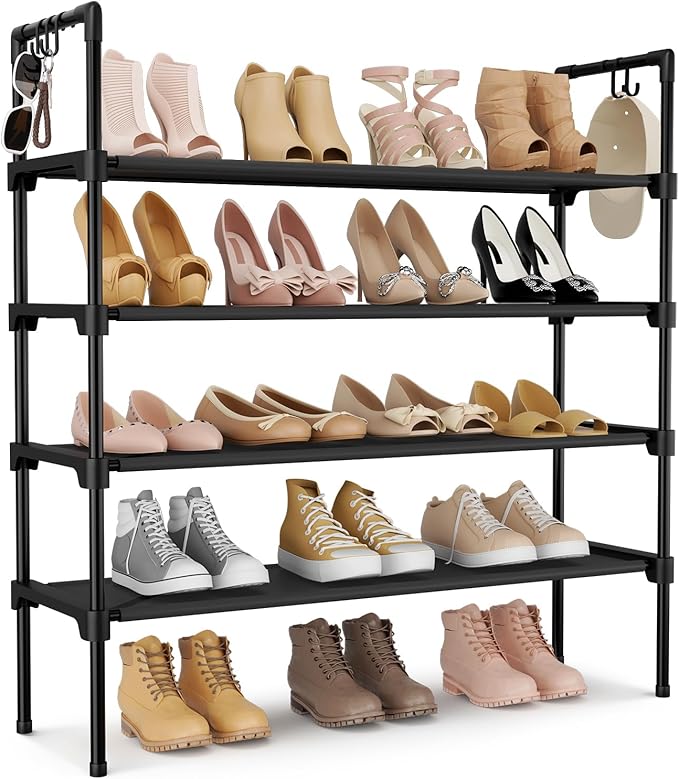 LANTEFUL 4 Tier Shoe Rack for Closet Shoe Organizer with 5 Hooks, Long Shoe Shelf Storage for Shoe and Boot Stackable Free Standing Shoe Rack for Entryway, Garage, Small Spaces, Dorm, Black