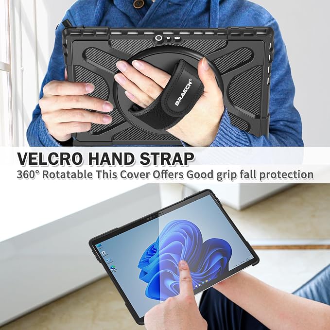 BRAECNstock Case for Microsoft Surface Pro 7+ Plus/7/6/5/4 12.3 - Black | Shockproof Case with 360° StandHand Strap &amp Pencil Holder | Type Cover keyboard CompatibleBusiness Friendly