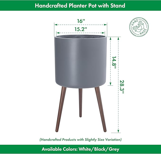 D'vine Dev 16 Inch Planter Pot with Stand, Mid-Century Tall Plant Pot with Legs for Indoor Plants, XX-Large, Grey, 88-O-E-3