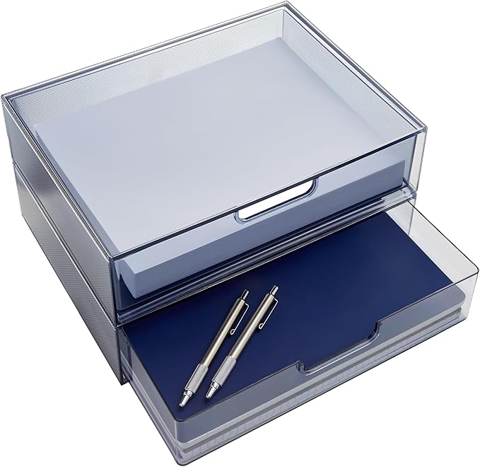 STORi STAX Plastic Stackable Organizer Drawers (Set of 2) Classic Grey | 12.5" Wide | Set Includes Two Open Drawer | Organize Office Desk Accessories & Sort Paper | Made in USA