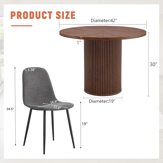 AZmac Round Dining Table Set for 6, Wooden Round Table 7-Piece with Modern Farmhouse Dining Table and 6 Fabric Chairs for Kitchen Dining Room, Walnut Table + 6 Gray Chairs