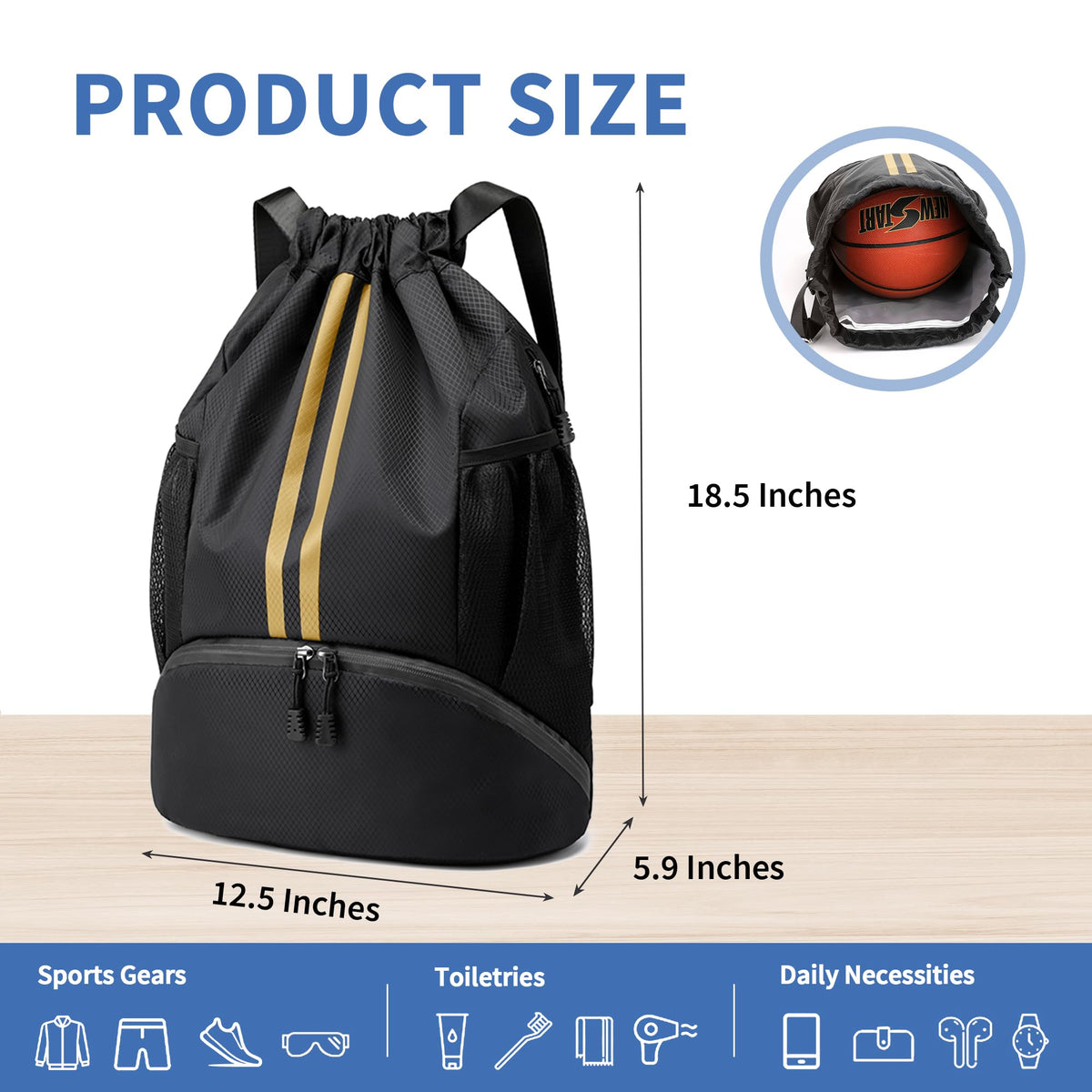 JELUTAR Drawstring Backpack Gym Bag with Shoes Pocket, Black Gold