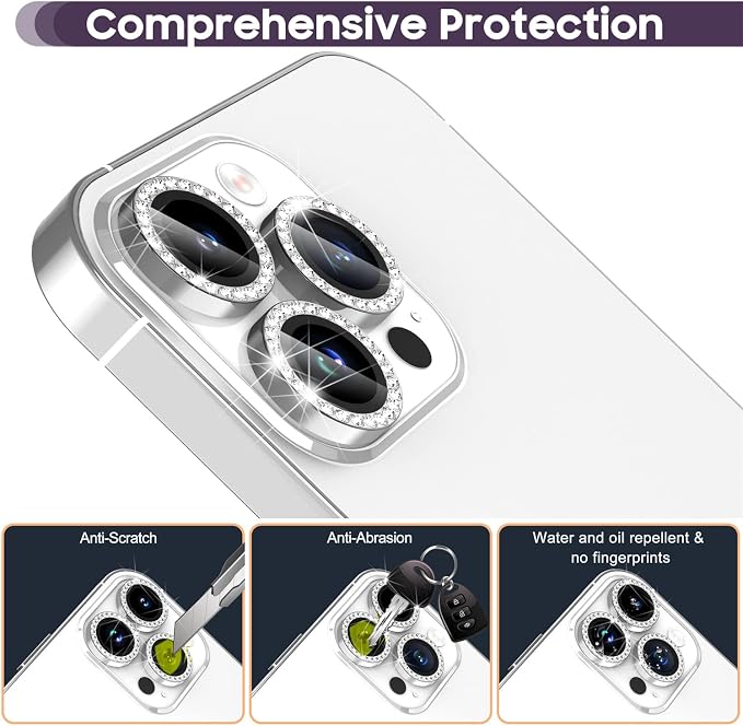 Suoman for iPhone 14 Pro Max / 14 Pro Camera Lens Protector [Diamonds Bling] 9H Tempered Glass Full Coverage Metal Protective Cover - Diamond Black