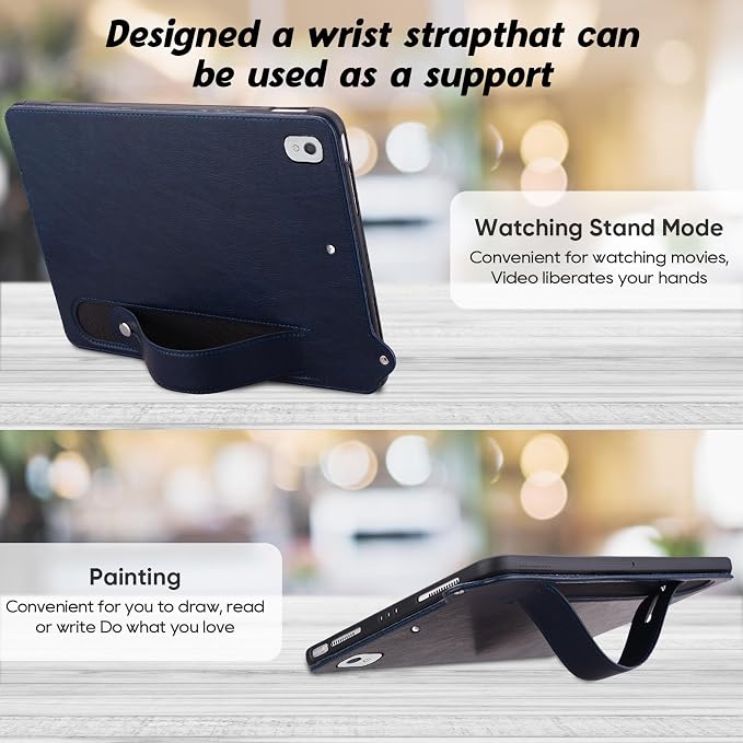 Slim Case for Apple iPad 10th Generation 10.9 Inch 2022 PU Leather Lightweight Hand Strap Stand Feature Drop Protection Back Cover for iPad 10th Gen 10.9 Black