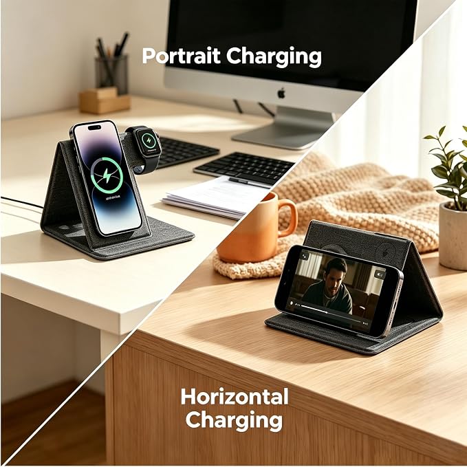 3 in 1 Wireless Charging Station Foldable Wireless Charger Stand for iPhone 15/14/13/12 Apple Watch Series 9/8/7/6/5/4/3/SE AirPods Pro 2/3 Fabric Portable Travel Charger Dock (Black)