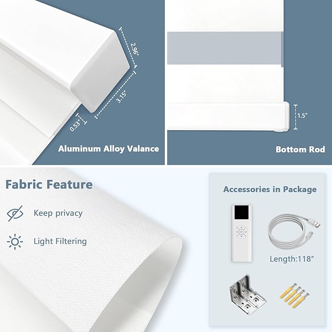 COOLWINDS Motorized Zebra Blinds for Windows Cordless Electric Curtains with Remote Control Blackout Shades Custom Smart Blinds Compatible with Alexa Google Home(Light Filtering White,W27 X 72in)