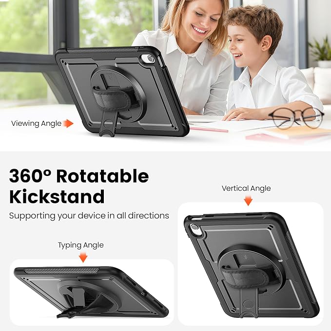 Case for iPad (A16) 11th/10th Generation 11''/10.9'' 2025/2022: Shockproof Protective Case with Hand/Shoulder Strap Pencil Holder Rotate Stand Screen Protector Black