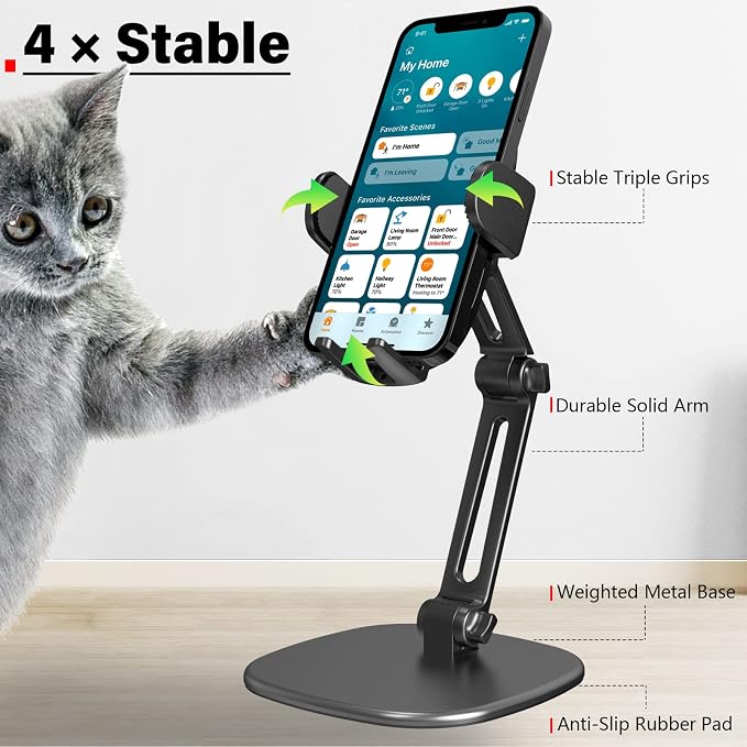 APPS2Car Phone Stand for Desk Adjustable Cell Phone Holder for Office | Triple-Clamp Phone Holder Height-Adjustable Folding Arm 360° Rotation Anti-Slip Base Fits Cases up to 20mm