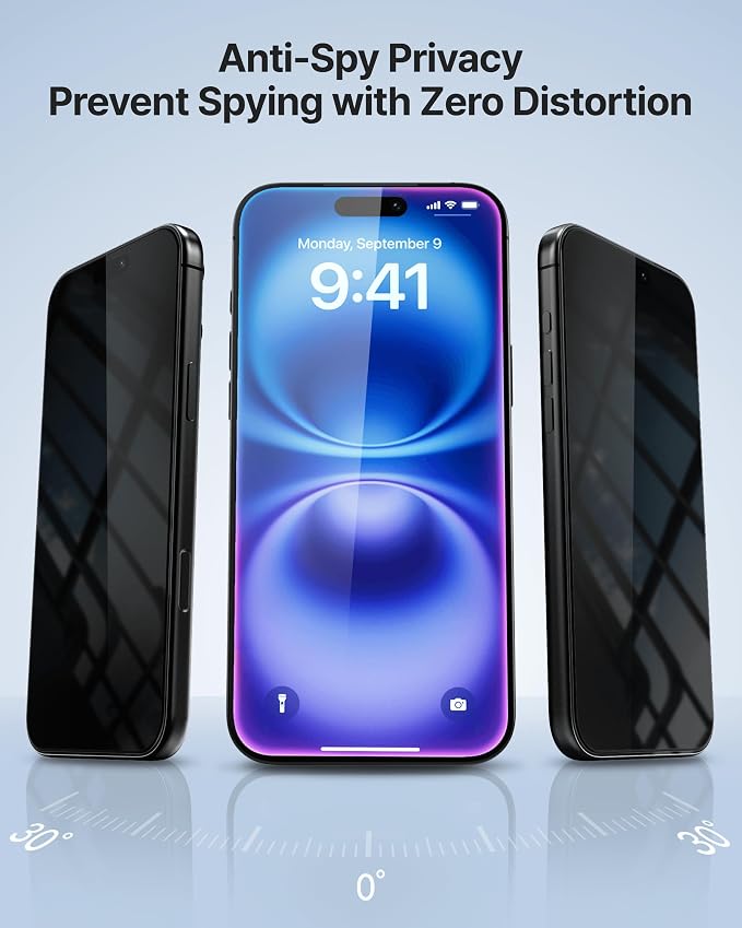 DOME GLASS Whitestone 2PACK EZ GLASS AR/Privacy for iPhone 17/16 Pro [Super Anti-Reflection &amp Anti-Spy] Full Coverage [Easy Install] Private Tempered Glass Screen Protector [2pack]