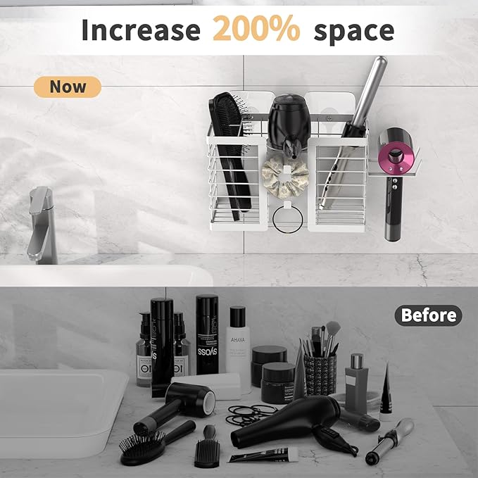 FUNKYLEE Bathroom Organizers and Storage, 3 in 1 Metal Wall Mount for Flat Iron, Curling Iron, Straightener, Hair Care & Styling Tools (White)
