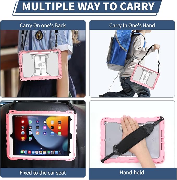 Kids Case for iPad 9th 8th &amp 7th Generation 10.2 Inch Heavy Duty Shockproof Protective Cover with Built-in Screen Protector Kickstand Pencil Holder Hand Strap &amp Shoulder Strap (Black)
