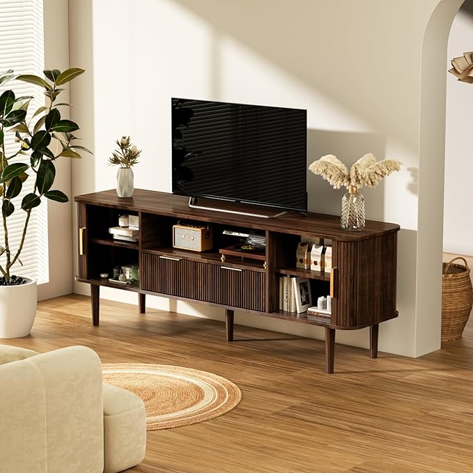 DAMCROP 62.4 Inch Fluted TV Stand, Modern Media Console Table with Sliding Tambour Door Farmhouse Sideboard Buffet Cabinet Fits TVs up to 75 inch, Wood Entertainment Center for Living Room(Dark Wood)