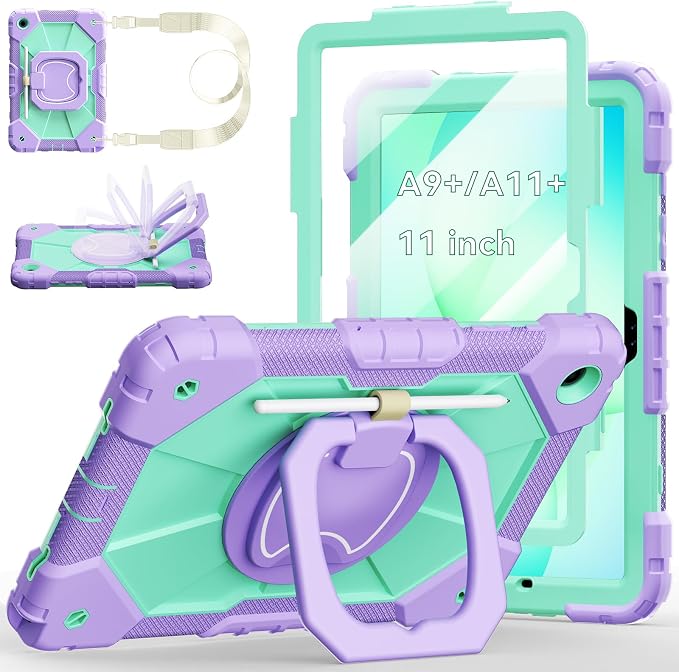 Case for Samsung Galaxy Tab A9 Plus 11 Inch 2023 Ubearkk Rugged Case for Samsung Galaxy A9+ Tablet SM-X210/X216/X218 with Screen Protector 360 Rotating Stand Shoulder Strap Pen Holder Black