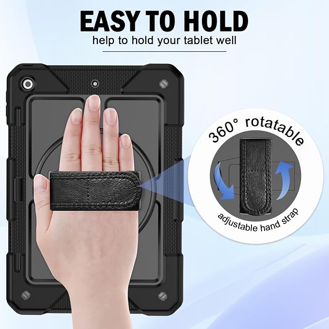 BMOUO for iPad 9th/8th/7th Generation Case 10.2 Black | Shockproof Rotating Stand Shoulder Hand Strap iPad 9th/8th/7th Generation Case with Pen Holder for iPad 10.2“ 2021/2020/2019