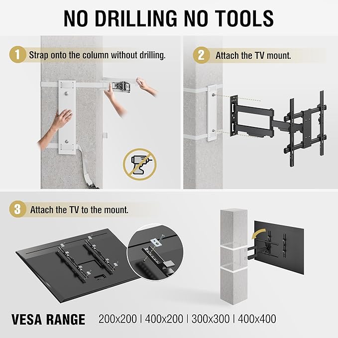 CondoMounts CLMTVA1144 Full Motion Small Pillar | Gazebo TV Mount | Round & Square TV Post Mount | NO Drill | Holds 80lbs | Fits 32-in. to 70-in. | Fits 4-in. to 12-in. Post | White Strap