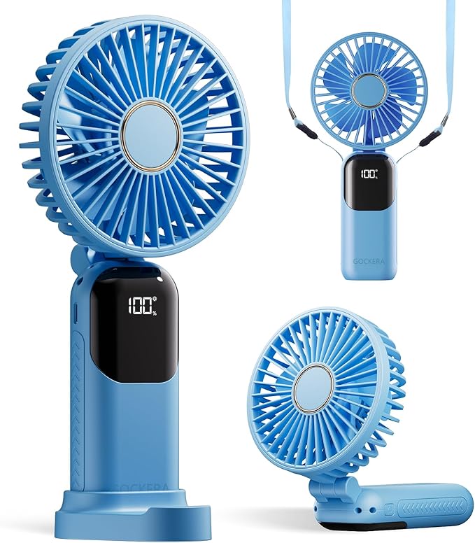 GOCKERA Portable Fan, 4200mAh Battery Operated Fan, 5 Speeds&Digital Display, Makeup Fans for Women with Base, 180°Foldable 3in1 Handheld/Neck/Desk Fan for Outdoor Indoor,Ultra Quiet (sky blue)