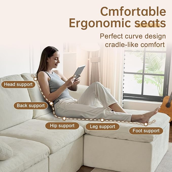 ANONER 108" Cloud Sectional Couches for Living Room, U Shaped Boneless Couch with 2 Ottomans, Deep Sleeper Sofa Chenille Touch Furniture Cloud Couch, White Beige