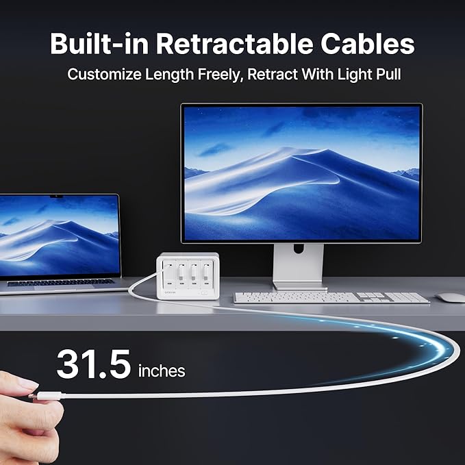 12-in-1 Desktop Charging Station with 3 Retractable Type-C Chargers and 1 Lightning Charger, 40W USB-C Power Strip with 31.5in Cable, Extension Cord with 1020J Surge Protection for Home Office