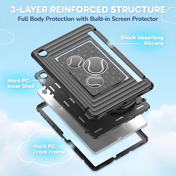 SEYMAC Case for Samsung Galaxy Tab A11+/A9+ Plus 11 for Kids Black | Heavy Duty Shockproof Built-in Screen Protector Rotating Stand Handle and Shoulder Strap