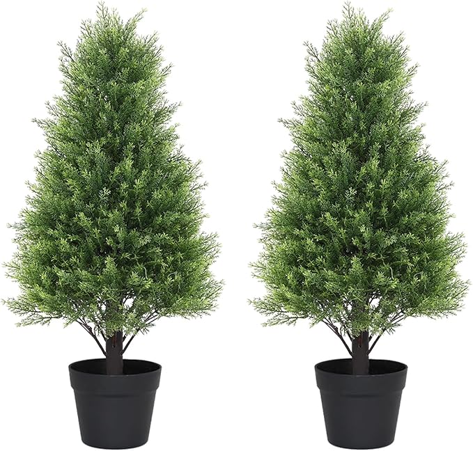 Artificial Cedar Topiary Trees Set of 2, 30'' UV Resistant Faux Cypress Pine Plants Outdoor, 2.5ft Large Realistic Faux Evergreen Cone Bushes & Shrubs for Front Porch Planter Christmas Decor