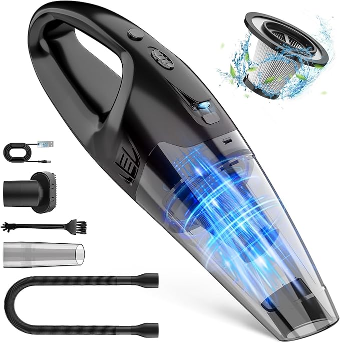Handheld Vacuum Cordless Rechargeable with LED Light, Car Vacuum Portable Cordless, Hand Vacuum Cleaner Car Seats, Home, Quick Cleanup, Strong Suction, Lightweight, Includes Crevice Nozzle & Brush