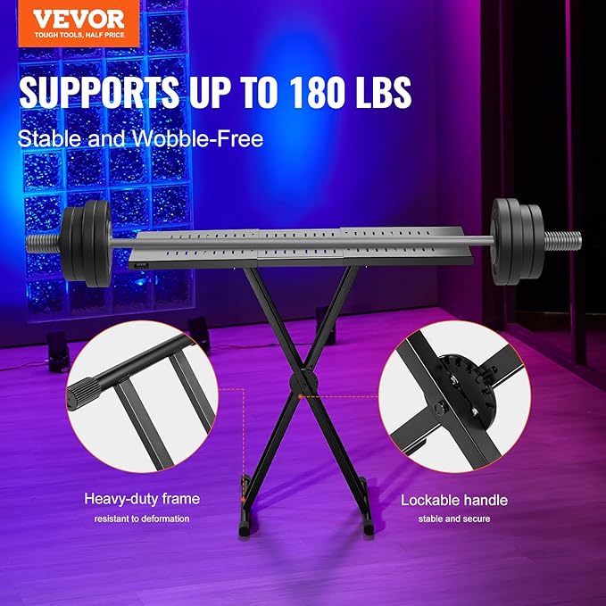 VEVOR DJ Table Stand, (32"-43") x 18" Portable DJ Laptop and Controller Stand, Lightweight DJ Desk DJ Booth Adjustable Height DJ Stand, Foldable Double-X Keyboard Stand & Tabletop, Audio Mixer Stand