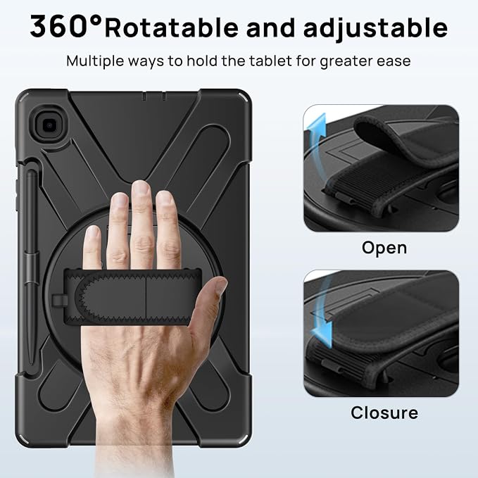 Gerutek Case for Samsung Galaxy Tab S10 FE+/ S10 FE Plus 2025 13.1 Inch Full-Body Drop Protective Case with Screen Protector Pen Holder 360° Rotate Hand Strap &amp StandShoulder Strap Black