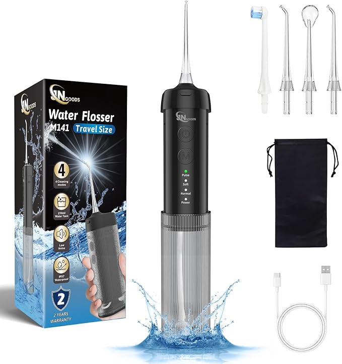 JNGOODS Mini Portable Water Flosser Oral Irrigator Water Teeth Cleaner Pick, Telescopic Water Tank, 4 Modes & IPX7 Waterproof, Home & Travel Water Flossers for Teeth, Braces Bridges Care. (Black)