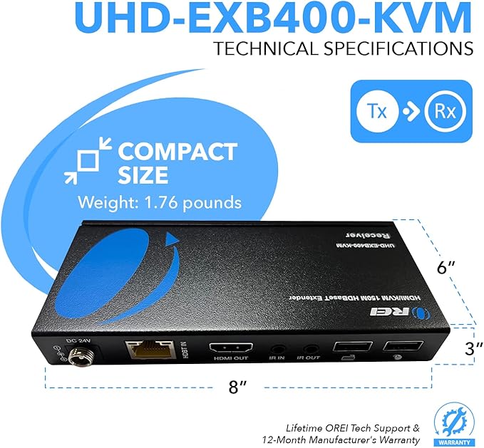 OREI 4K@60Hz KVM HDMI Extender Over Ethernet PoC Single HDBaseT CAT5e/CAT6A/CAT7 Cable - Upto 400 feet 4:4:4 - Remote, Keyboard, Mouse, USB Control