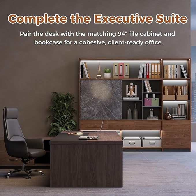 L-Shaped Executive Desk with LED Lights, Lockable Storage & 3-in-1 Charging Station, Reversible Cabinet, Modern Wood Office Desk for CEO, Manager & Home Office(Red Walnut+Black, 95"L*71"W*30"H)