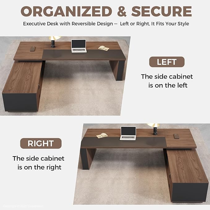 L-Shaped Executive Desk with LED Lights, Lockable Storage & 3-in-1 Charging Station, Reversible Cabinet, Modern Wood Office Desk for CEO, Manager & Home Office(Red Walnut+Black, 71"L*63"W*30"H)