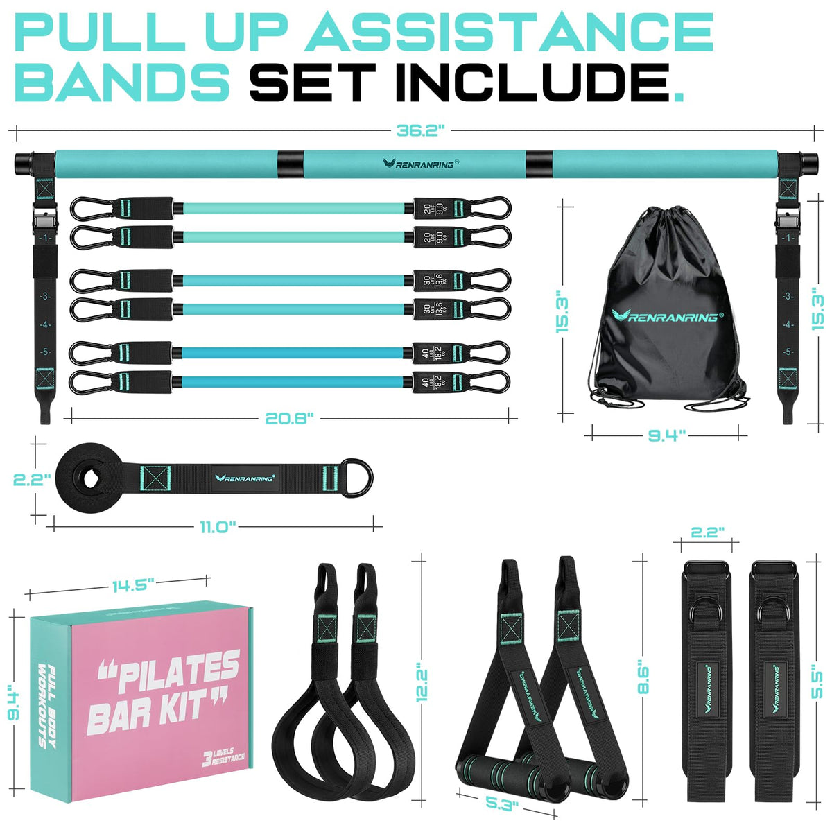 Pilates Bar Kit with 6 Latex Resistance Bands, Adjustable Exercise Bar