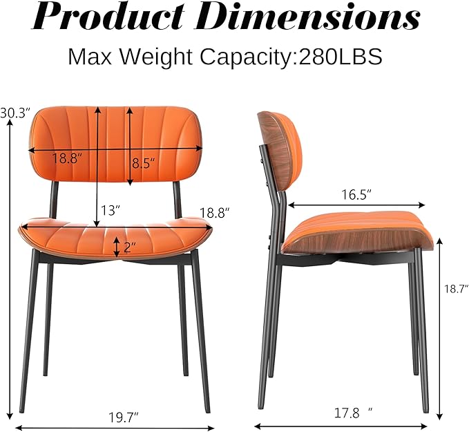 Modern PU Leather Dining Room Chairs Set of 2, Upholstered Kitchen Chairs with Walnut Bentwood Back and Metal Legs Adjustable Feet for Kitchen Dining Room(Orange)