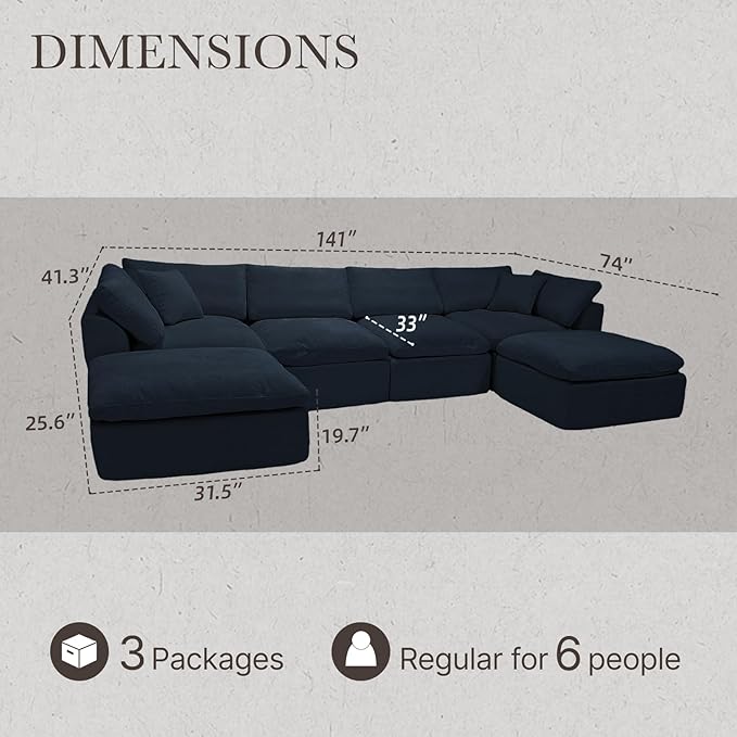Cloud Modular Sectional Sofa Couch,141” U-Shape Sofa with Wide Armrest, Modern High-Density Sponge Compressed Couch for Living Room, Bedroom,No Assembly Needed (Blue, 4 Seats+ 2 Ottoman)