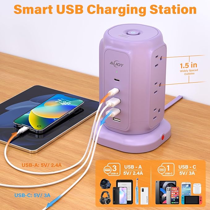 AiJoy Power Strip Tower with 9 Outlets and 5 USB Ports (2 USB C), 1200J Surge Protection, 1625W 6.5ft Flat Plug Extension Cord with Multiple Outlets Extender for Dorm Home Office Supplies, Purple