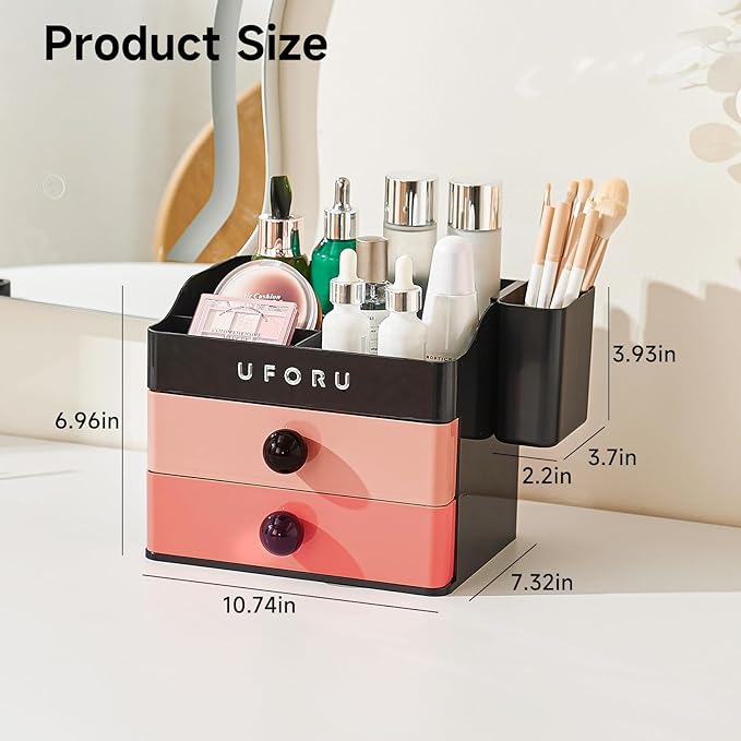 Makeup Organizer for Vanity with Brush Holder, Countertop Organizer with 2 Drawers, Spacious Cosmetic Display Case for Beauty Essential, Skincare, Lipstick