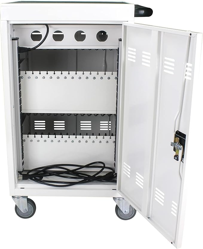 35 Device Charging Cart for Laptops and Tablets Up to 16.3-inch, Mobile Charging Station with AC Outlets, Secure Storage and Cable Management, Mobile Charging Cabinet for Ipads, Chromebooks, White