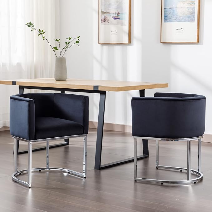 Velvet Dining Chairs Set of 6 Modern Barrel Arm Chairs with Chrome Metal Frame, Upholstered Kitchen Chairs 18.5" Wide Accent Chairs for Living Room Dining Room Restaurant, Black
