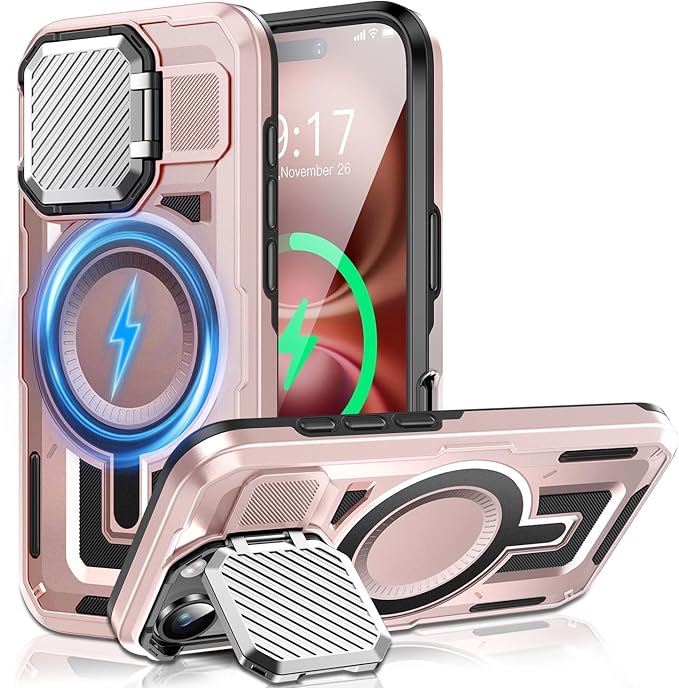 Camera Stand Case for iPhone 16 Plus, [Compatible with Mag Safe] [Lens Cover] 2024 Version Military Grade Protective Soft Case for iPhone 16 Plus 6.7 inch Men Women,Pink